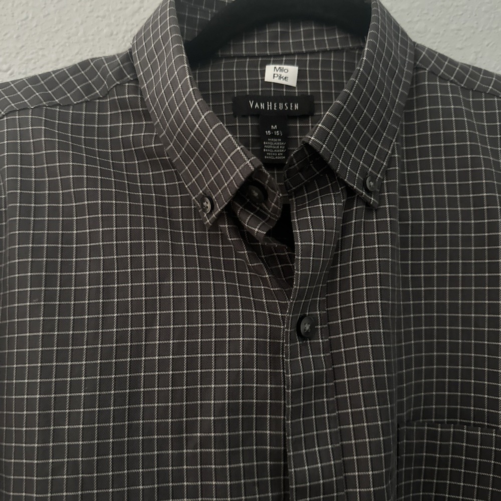 Van Heusen Mens M 15-15.5 Plaid Long Sleeve Button Up Dress Shirt Gray Black - Picture 3 of 7